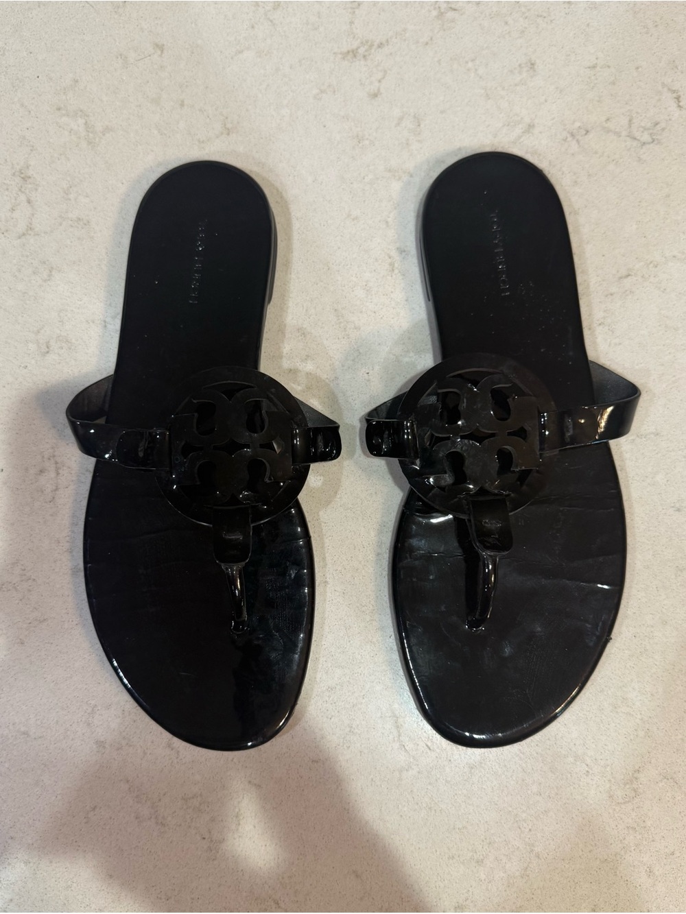 Tory Burch Black Patent Miller Logo Thong Sandals